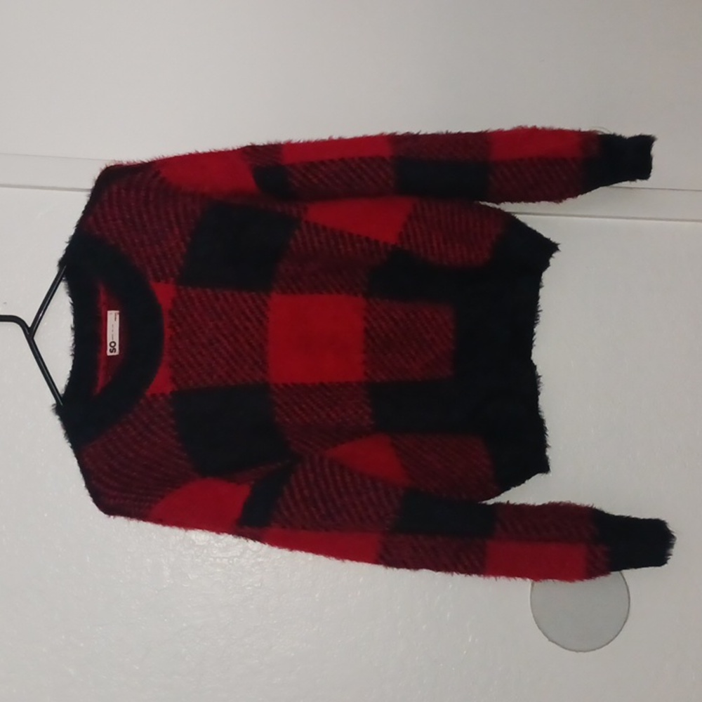 SO plaid sweater, red and black, Large